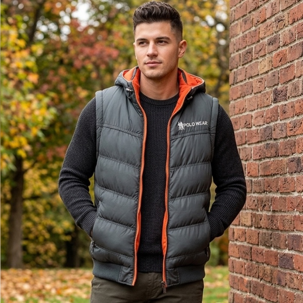 POLO WEAR Men's Black Puffer Performance Vest with Orange Trim. Size L